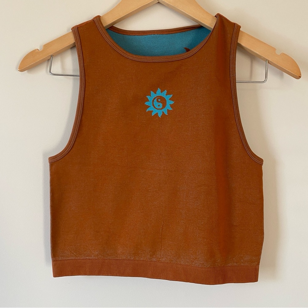 Brown Tank Top with Blue Sun Design “Express Yourself” (XS/S)